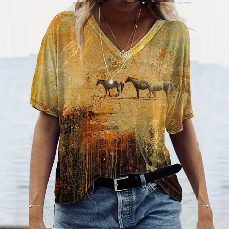 Western Horse Print Short Sleeve V-neck T-Shirt