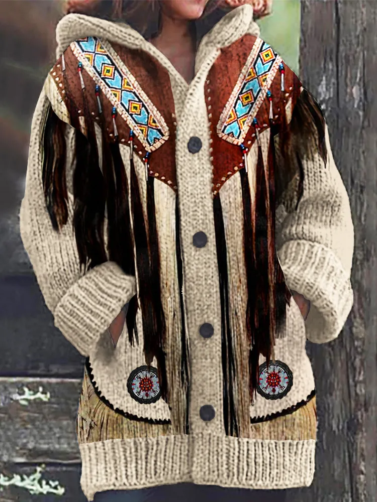 Western Ethnic Pattern Fringe Women's Hooded Cardigan