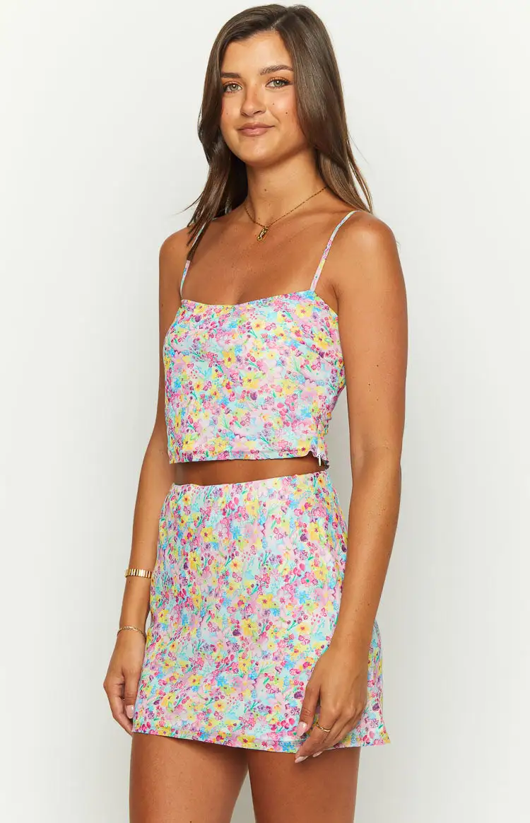 Milliana Painted Floral Pink Mini Skirt