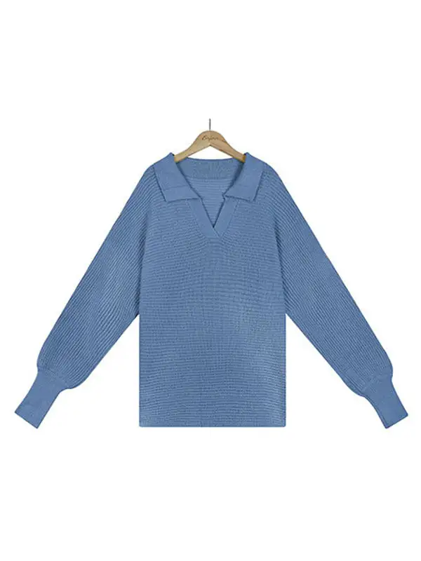 Long Sleeves Solid Color Lapel V-Neck Sweater Tops