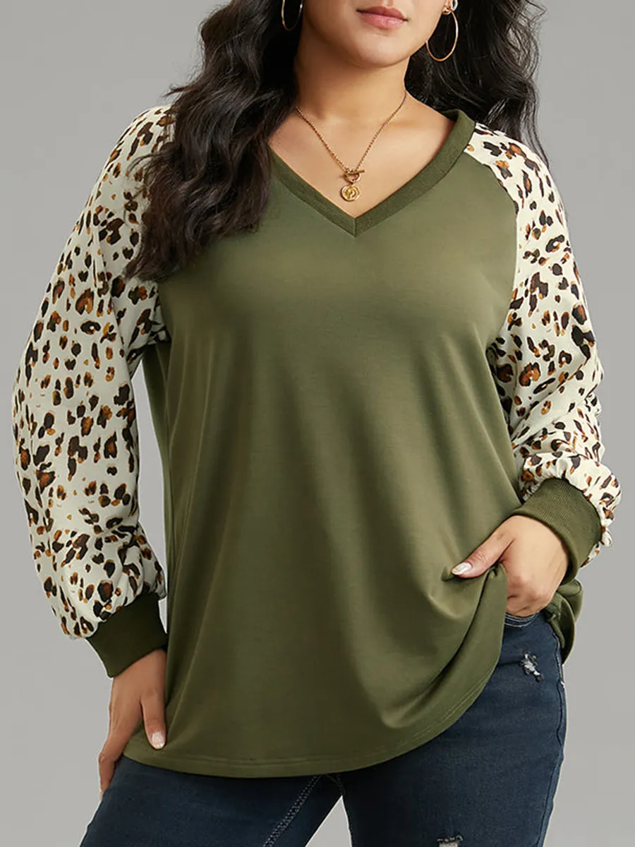 Leopard print patchwork T-shirt with shoulder sleeves