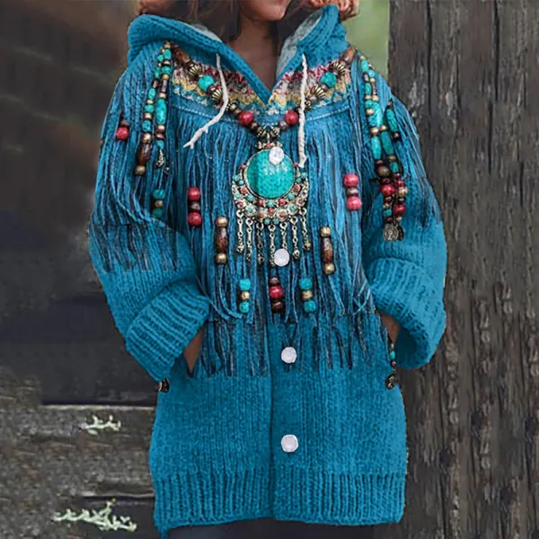 Western Tribal Tassels Printed Art Cozy Hooded Cardigan