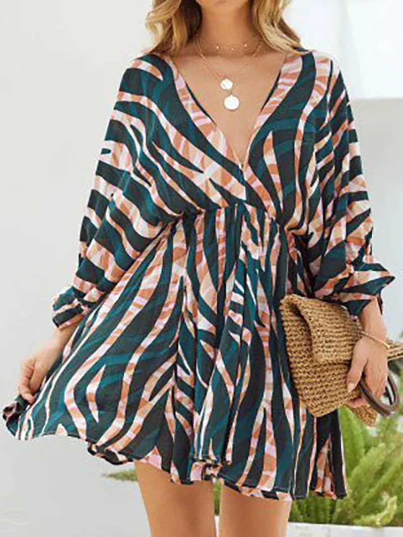 Stripe Print V-Neck Belted Long Sleeve Dress