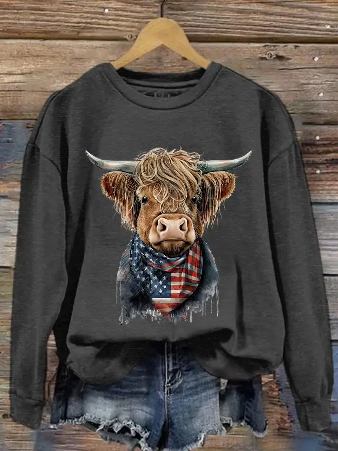 🔥Buy 3 Get 10% Off🔥🔥Buy 3 Get 10% Off🔥Women's Western F Highland Cow Flag Print Sweatshirt