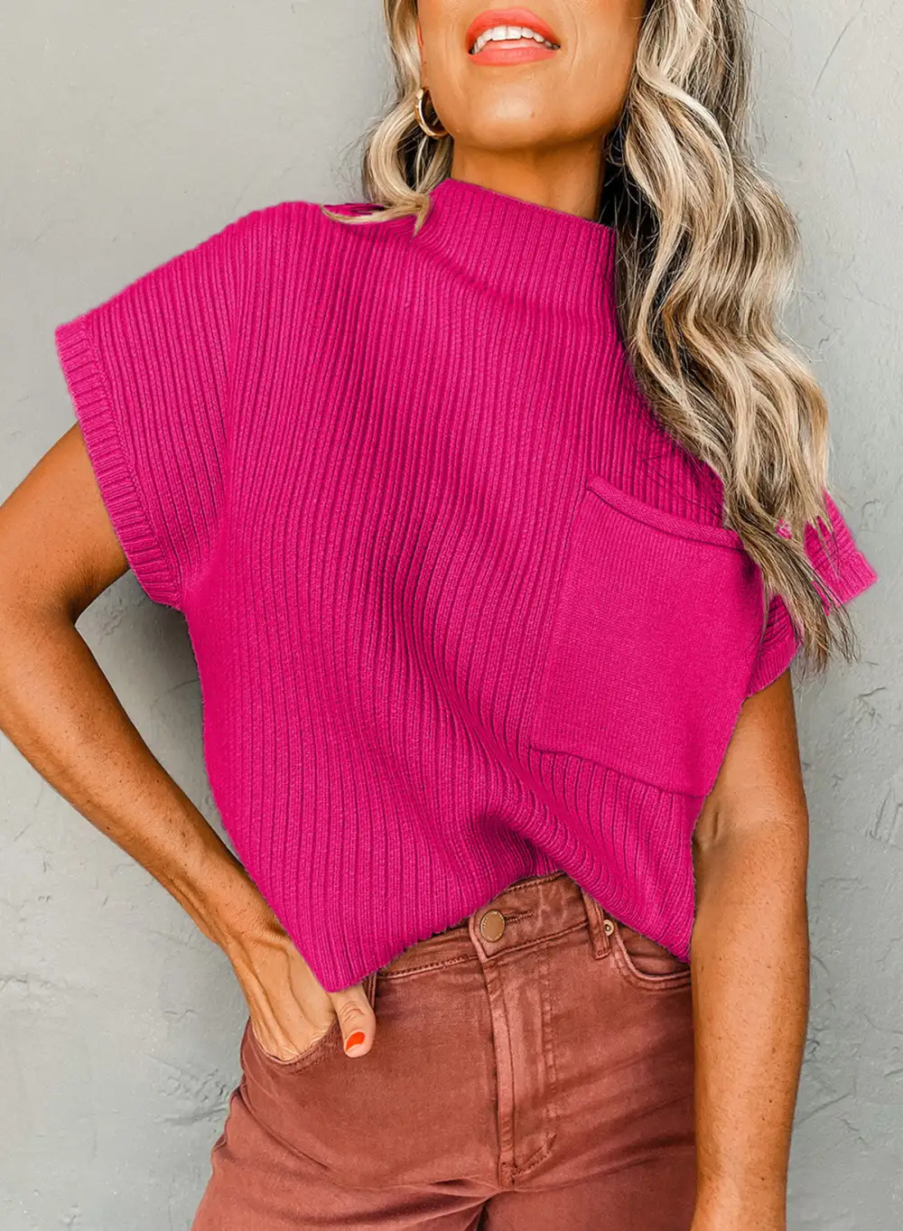 Patch Pocket Ribbed Knit Short Sleeve Sweater