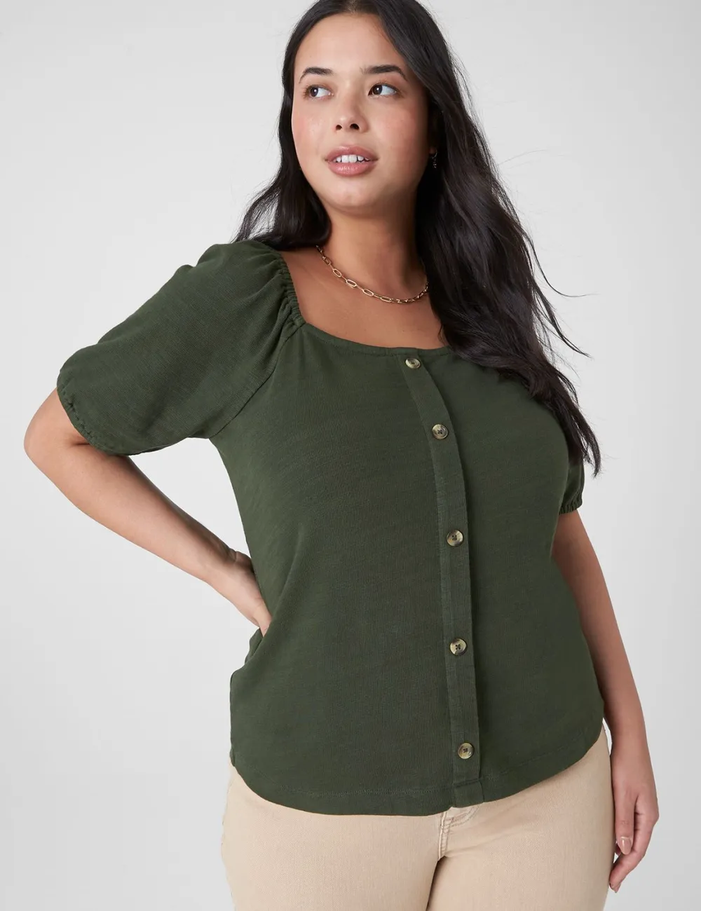 Square-Neck Button-Front Top