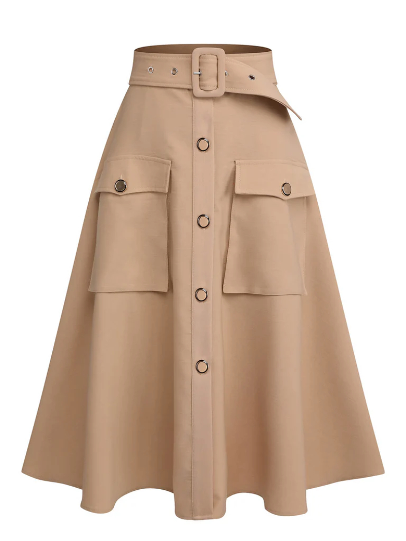 KHAKI 1950S BIG POCKETS BUTTON SKIRT