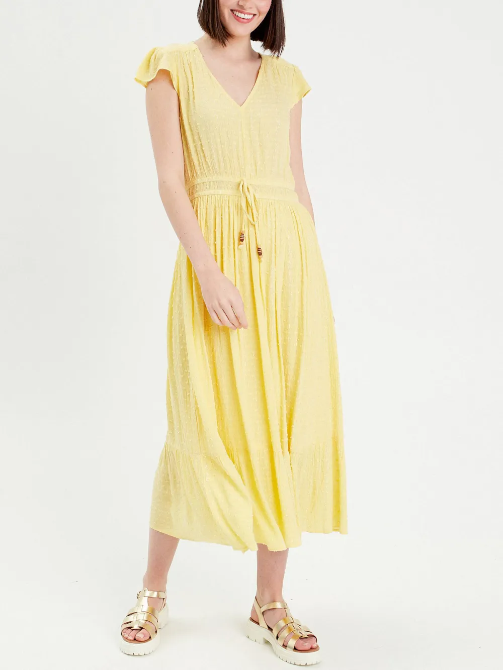 Robe longue évasée col en V jaune clair femme