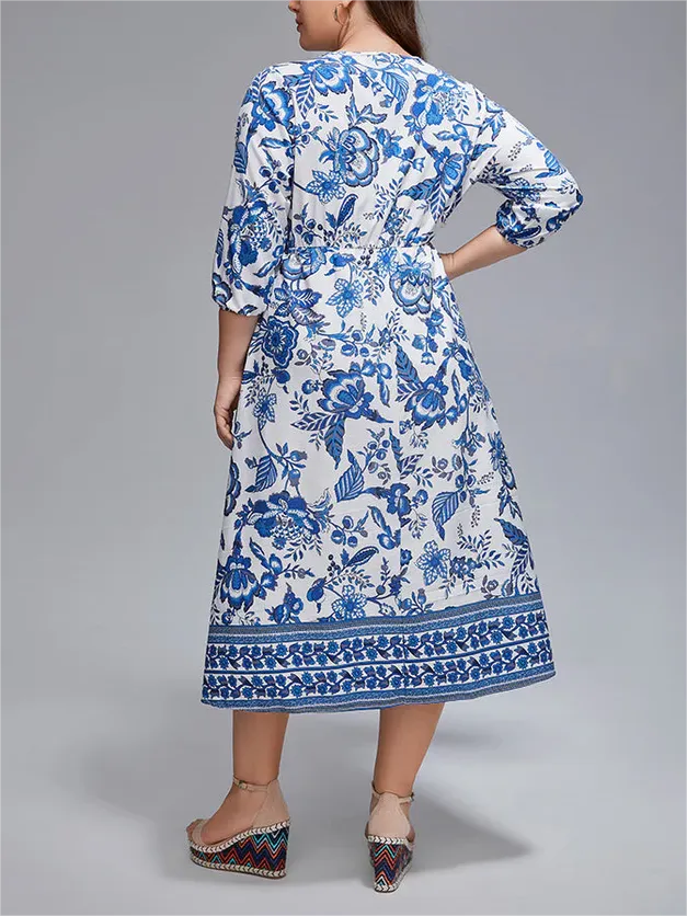 Plus Floral V-Neck Lantern Sleeve Boho Midi Dress