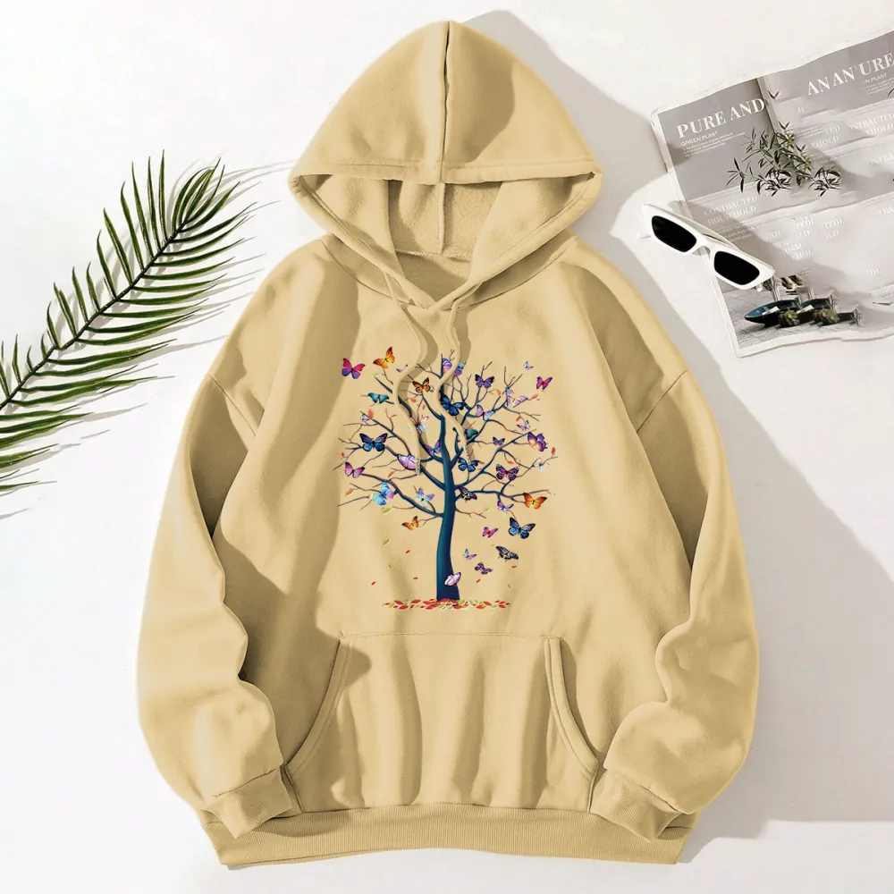 TREE AND BUTTERFLY PATTERN PRINTED HOODIE