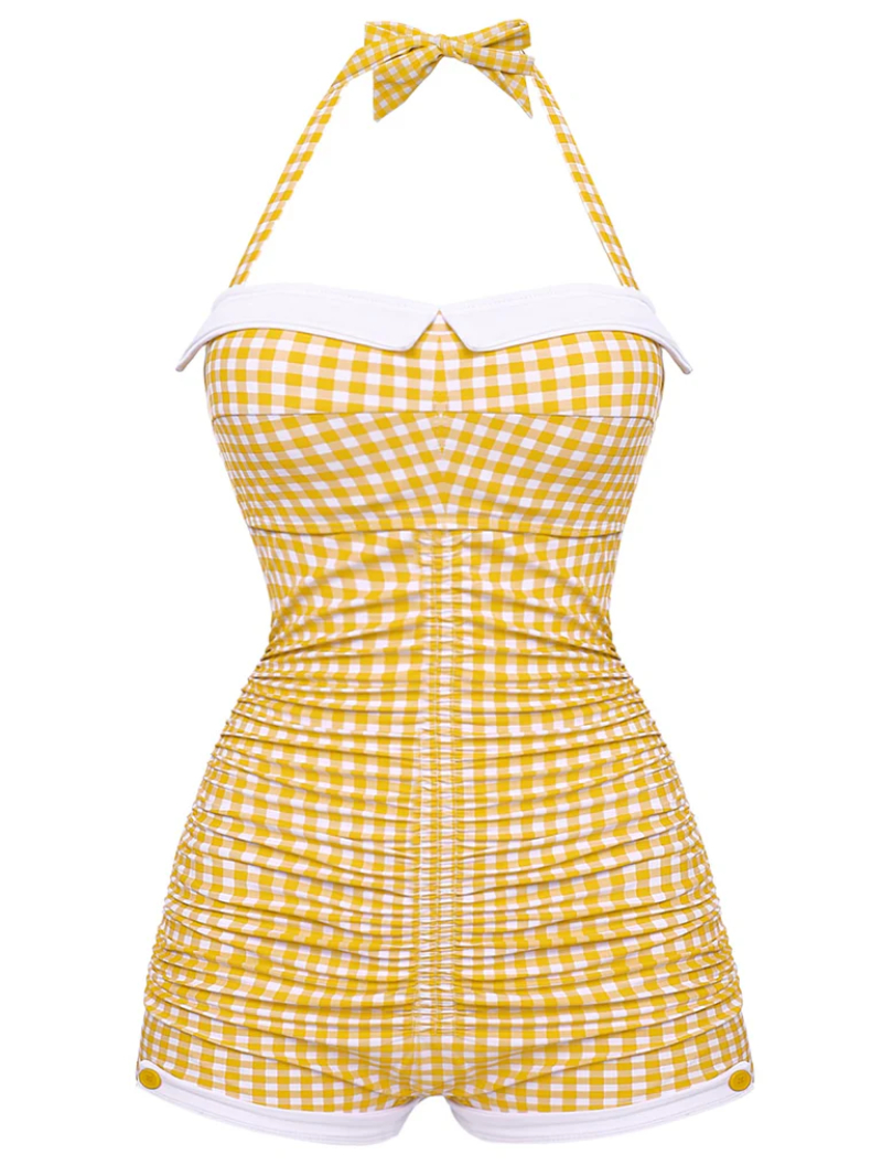 CHECKED 1950S HALTER BOWKNOT ONE-PIECE SWIMSUIT