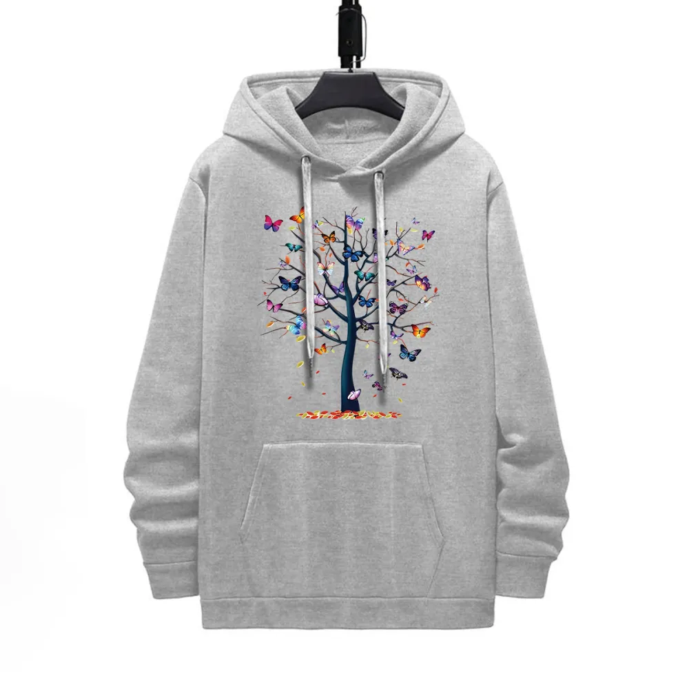 TREE AND BUTTERFLY PATTERN PRINTED HOODIE