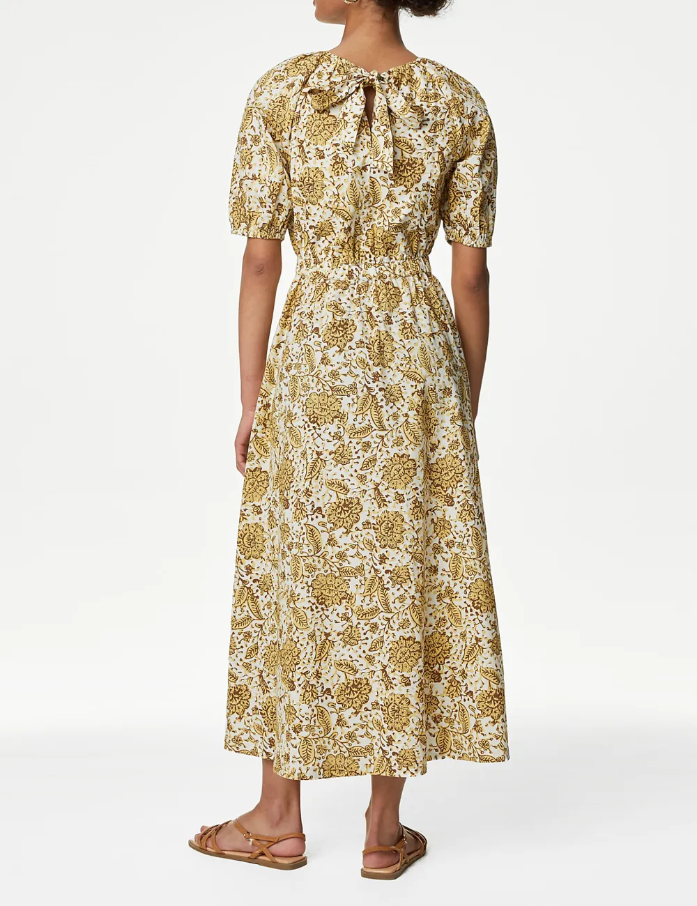 Pure Cotton Floral Midi Waisted Dress