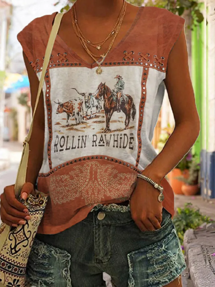 Retro Western Style Denim Studded Tank Top