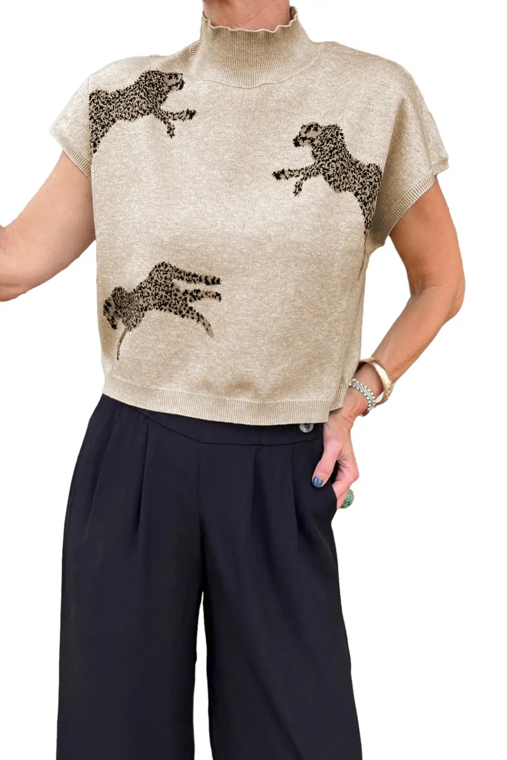 Lively Cheetah Pattern High Neck Short Sleeve Sweater