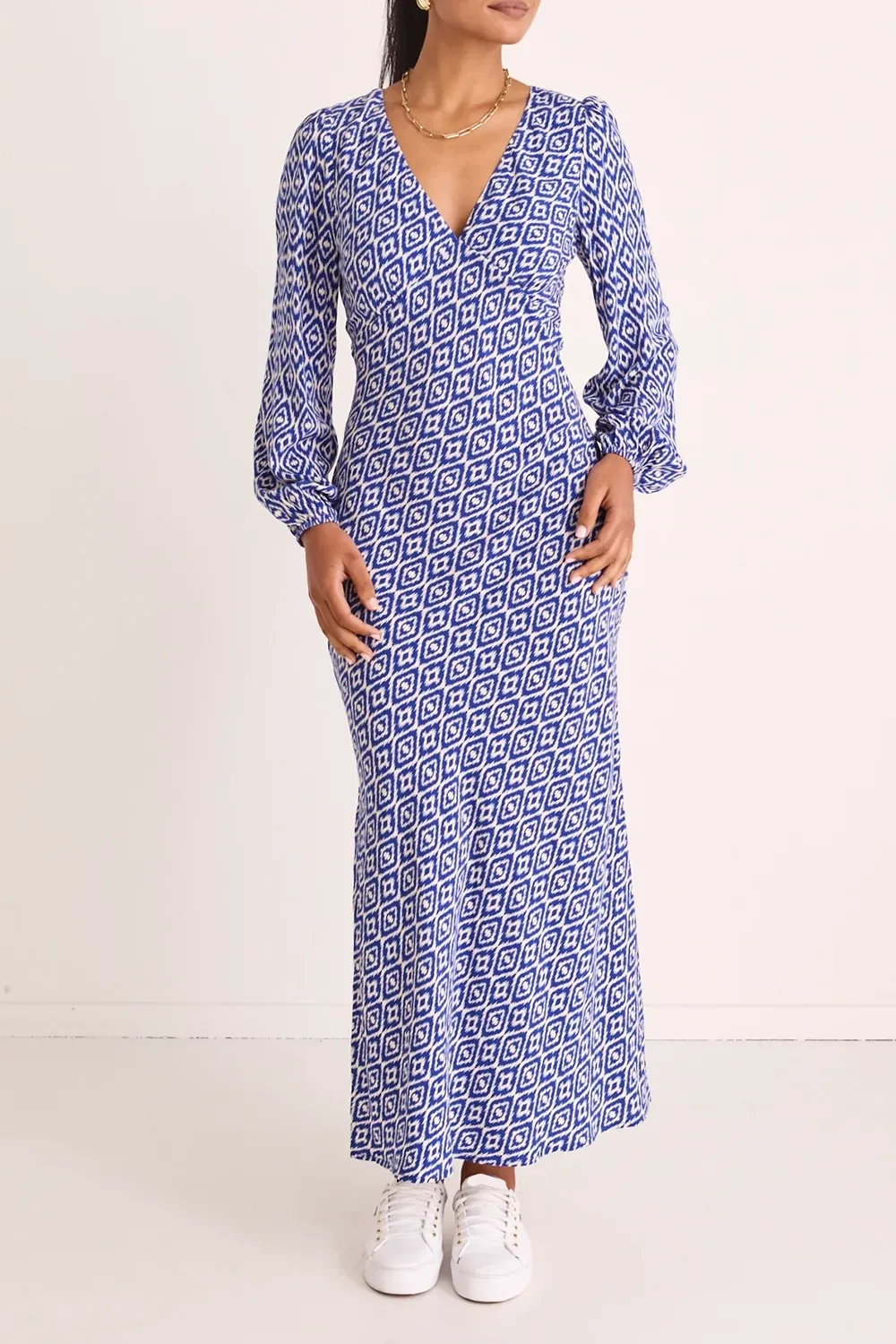 Phoenix Electric Blue Batik LS Bias Midi Dress