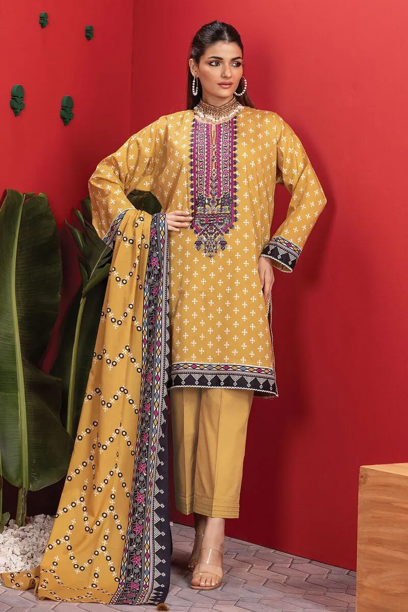 3 Piece Kurta Embroidered | Dupatta& Bottom & Tops | Color yellow