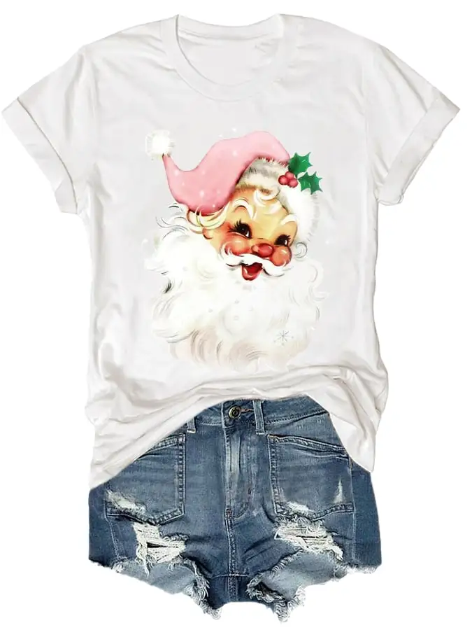 Christmas Retro Pink Santa Print T-Shirt