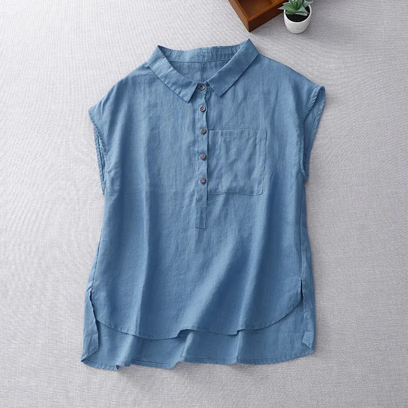 Mori Lapel Collar Drop Shoulder Sleeveless Cotton Linen Shirt