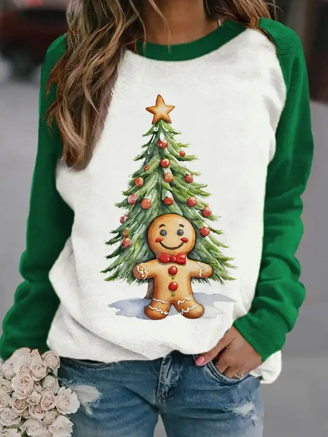 Women's Christmas Gingerbread Men Print Casual Sweatshirt