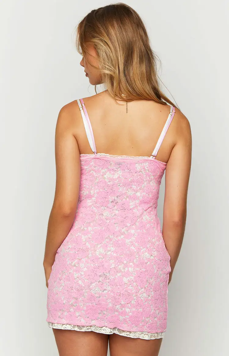 Katalina Pink And White Lace Mini Dress