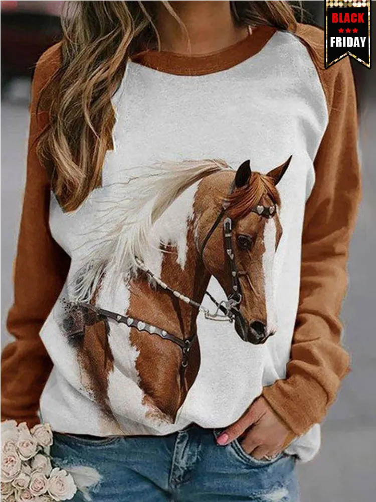 Western Horse Print Panel Crewneck Sweatshirt