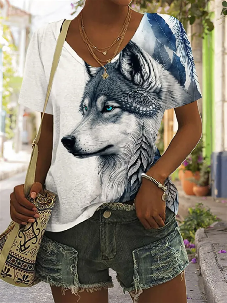 Western Ethnic Wolf Art V Neck Short Sleeve T Shirt