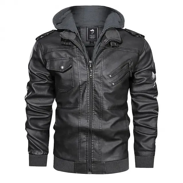 Men's Faux Leather Jacket Biker Jacket Motorcycle Jacket Outdoor Daily Wear Waterproof Windproof Full Zip Modern Style Fall Winter Solid Color Casual Collarless Regular Standard Fit Regular Fit Black