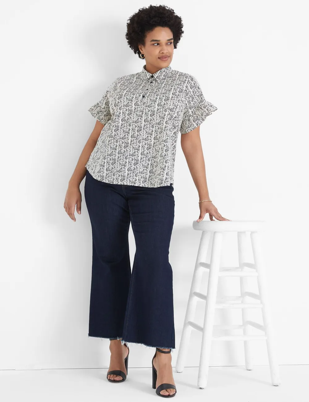 Ruffle-Sleeve Button-Down Top