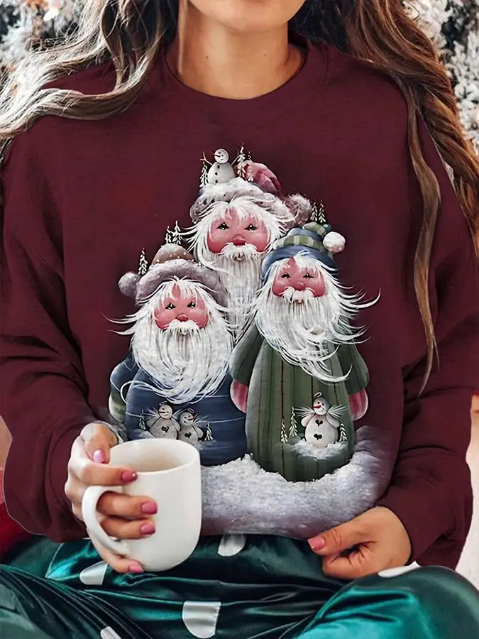 Women's Santa And Snowman Print Sweatshirt