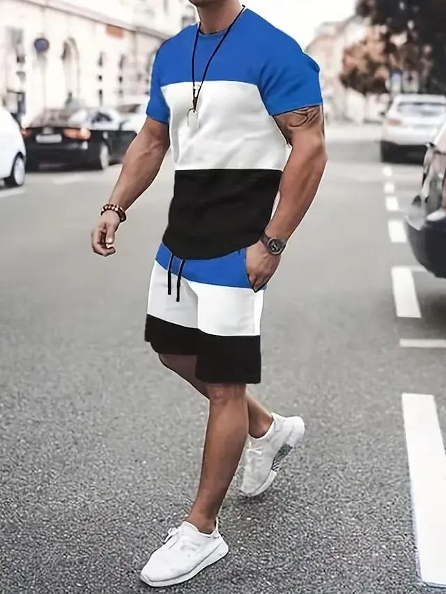 Men's T-shirt Suits Tracksuit Tennis Shirt Shorts and T Shirt Set Color Block Crew Neck Daily Wear Vacation Short Sleeves 2 Piece Clothing Apparel Gymnatics Casual