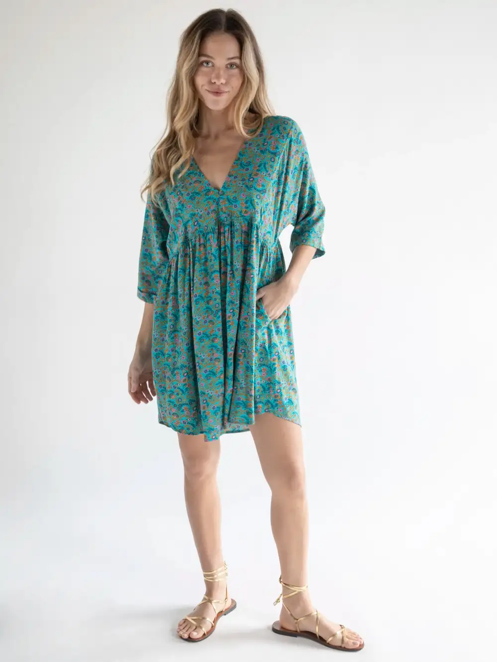 Stella V-Neck Mini Dress - Turquoise Ditsy Vines