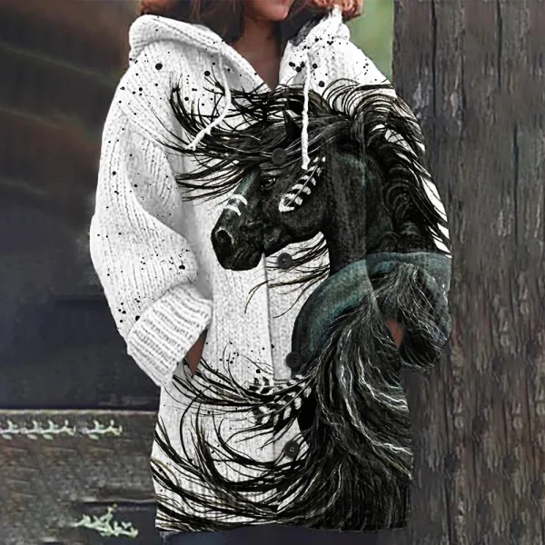 Western Horse Print Knitted Hooded Cardigan