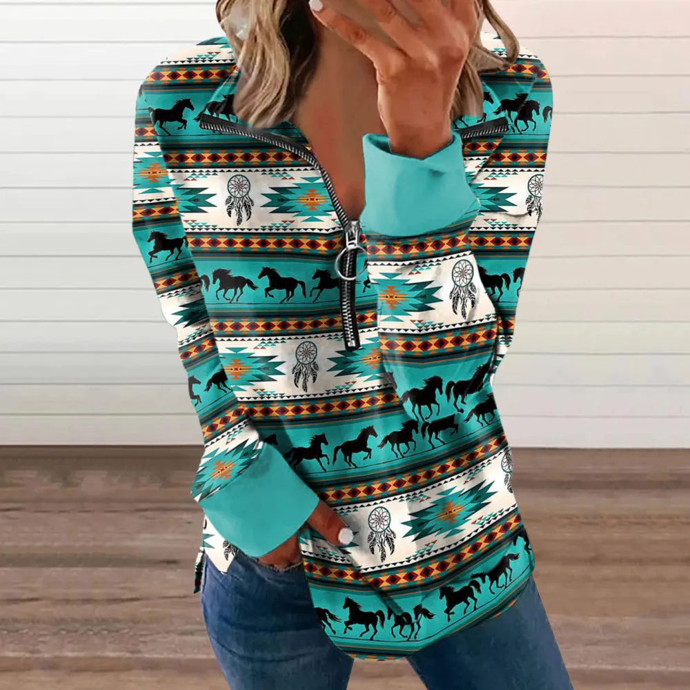 Western Print V-Neck Long Sleeve Sweatshirt