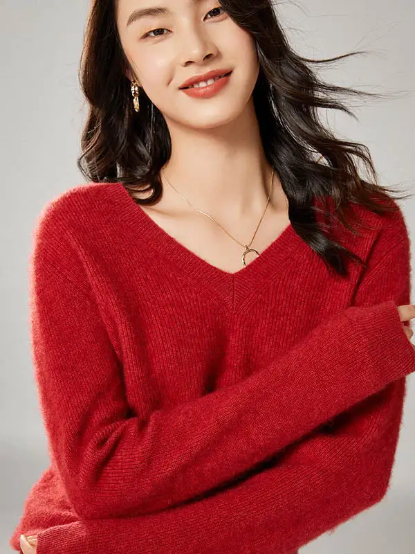 Simple 6 Colors V-Neck Long Sleeves Wool Knitting Sweater