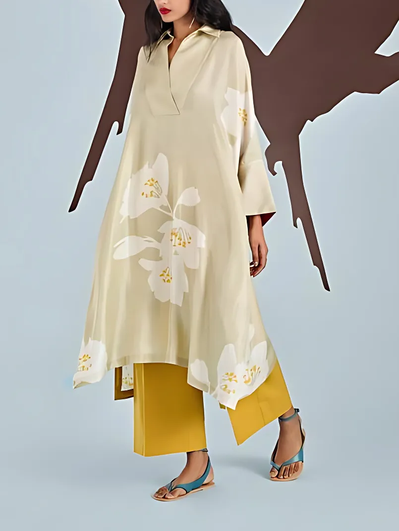 Apricot long-sleeved printed dress