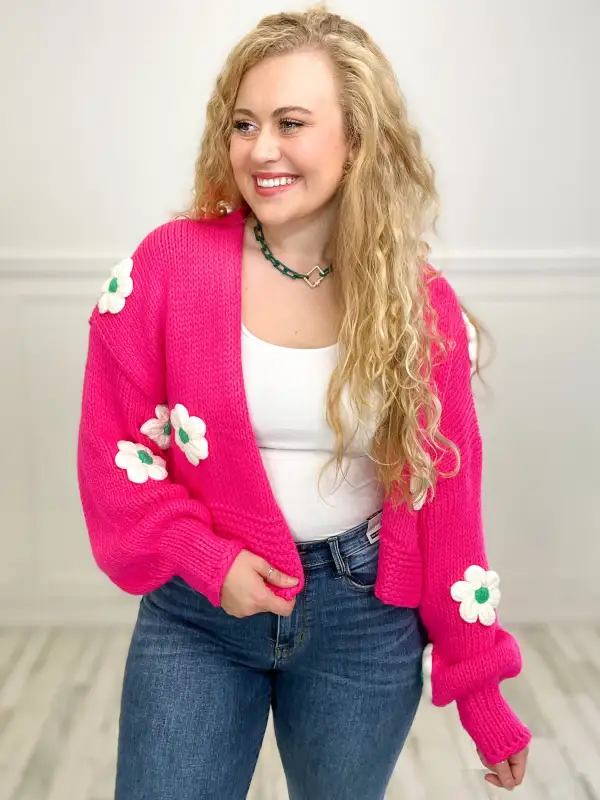 Perfect Floral Applique Lantern Sleeved Cropped Cardigan