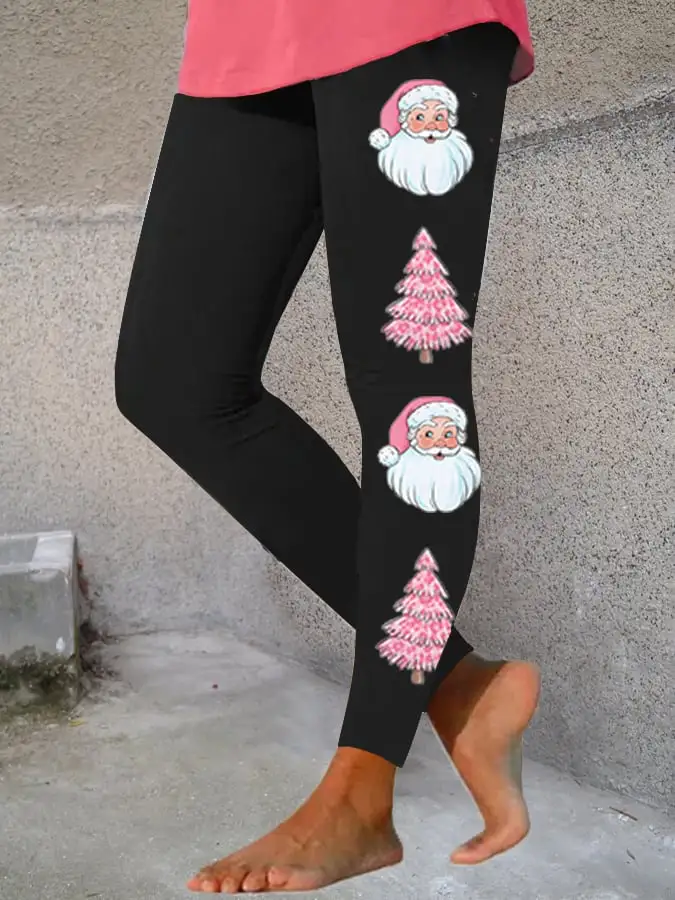 Women's Pink Santa Claus   Tree Print Stretch Leggings