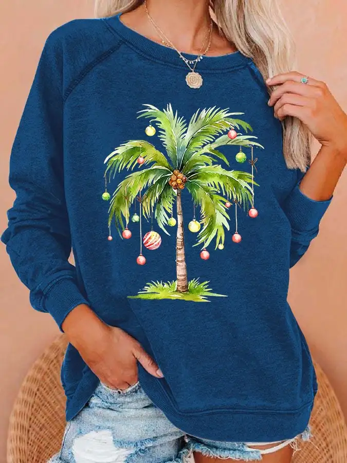 Women'S Casual Christmas Palm Tree Printed Long Sleeve Sweatshirt