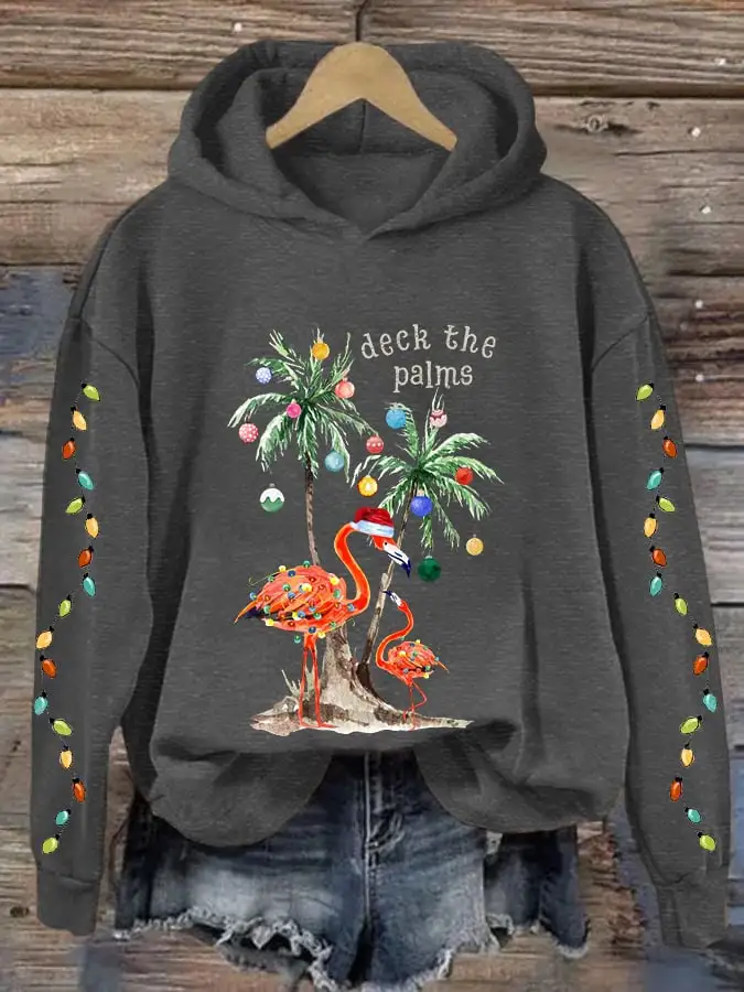 Women's Christmas Deck The Palms Print Hooded Sweatshirt