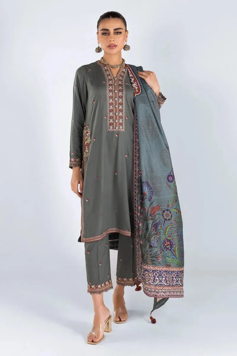 3 Piece Kurta Embroidered | Dupatta& Bottom & Tops | Color Dark gray