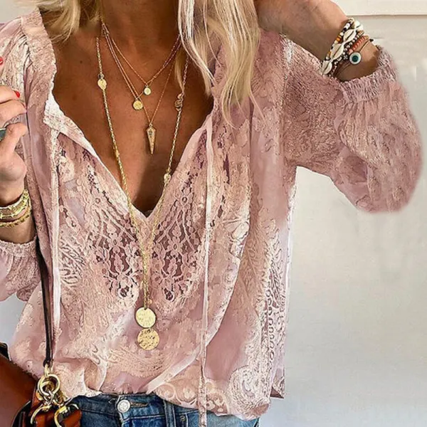 Boho Lace Hollow Out V Neck Long Sleeve Top