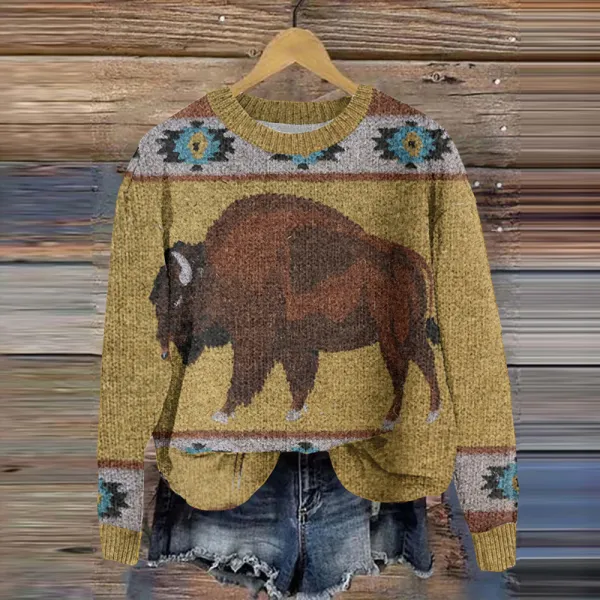 Vintage Totem Wild Horse Pattern Women'S Sweater