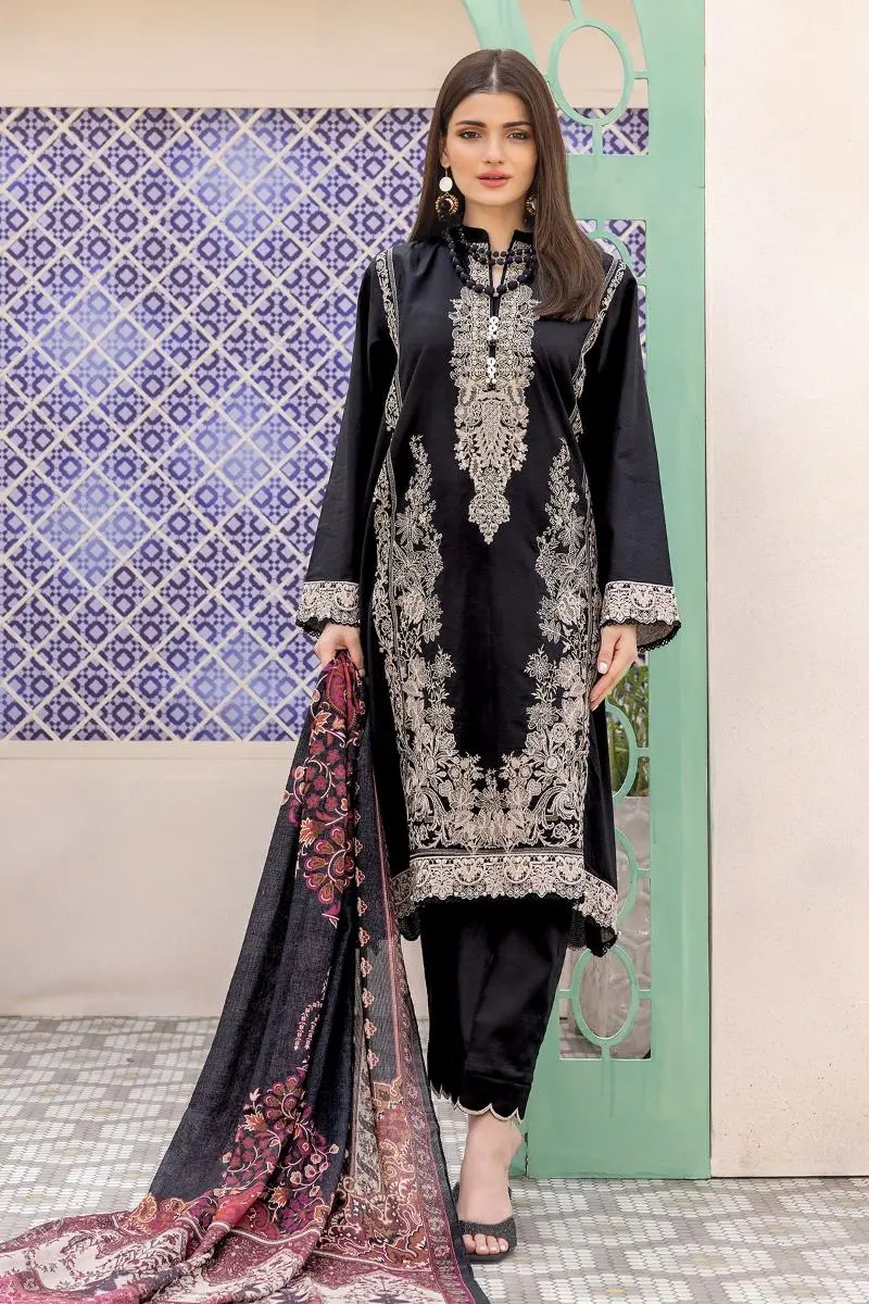 3 Piece Kurta Embroidered | Dupatta& Bottom & Tops | Color Black