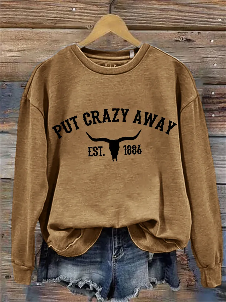 Put Crazy Away Bull Skull Graphic Washed Sweatshirt