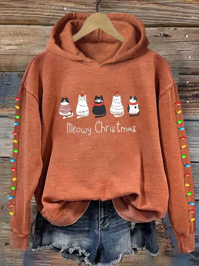 Women's Meowy Christmas Merry Christmas Cat Lover Lantern Printing Casual Hoodie