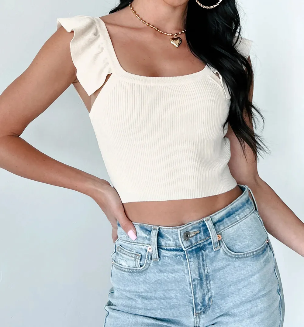 Sincere Feelings Ribbed Ruffle Strap Crop Top