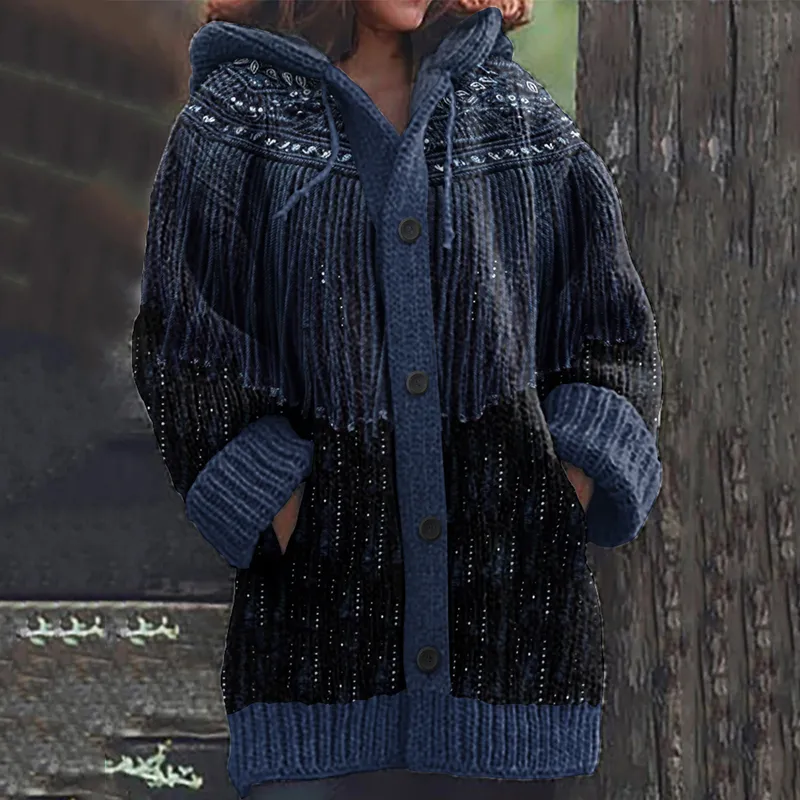 Women's Retro Glitter Tassels Cozy Hooded Cardigan