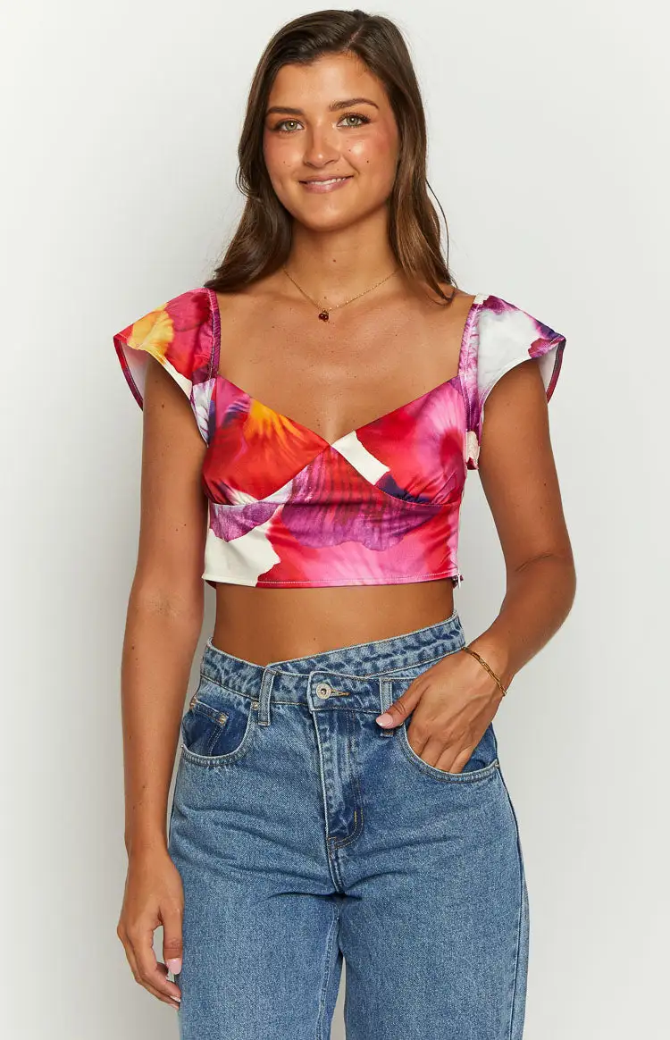 Romantic Rose Pink Floral Print Crop Top