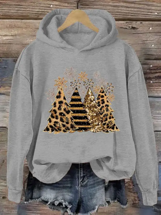 Women's Leopard Stripe Christmas Tree Print Casual Hooded Sweatshirt